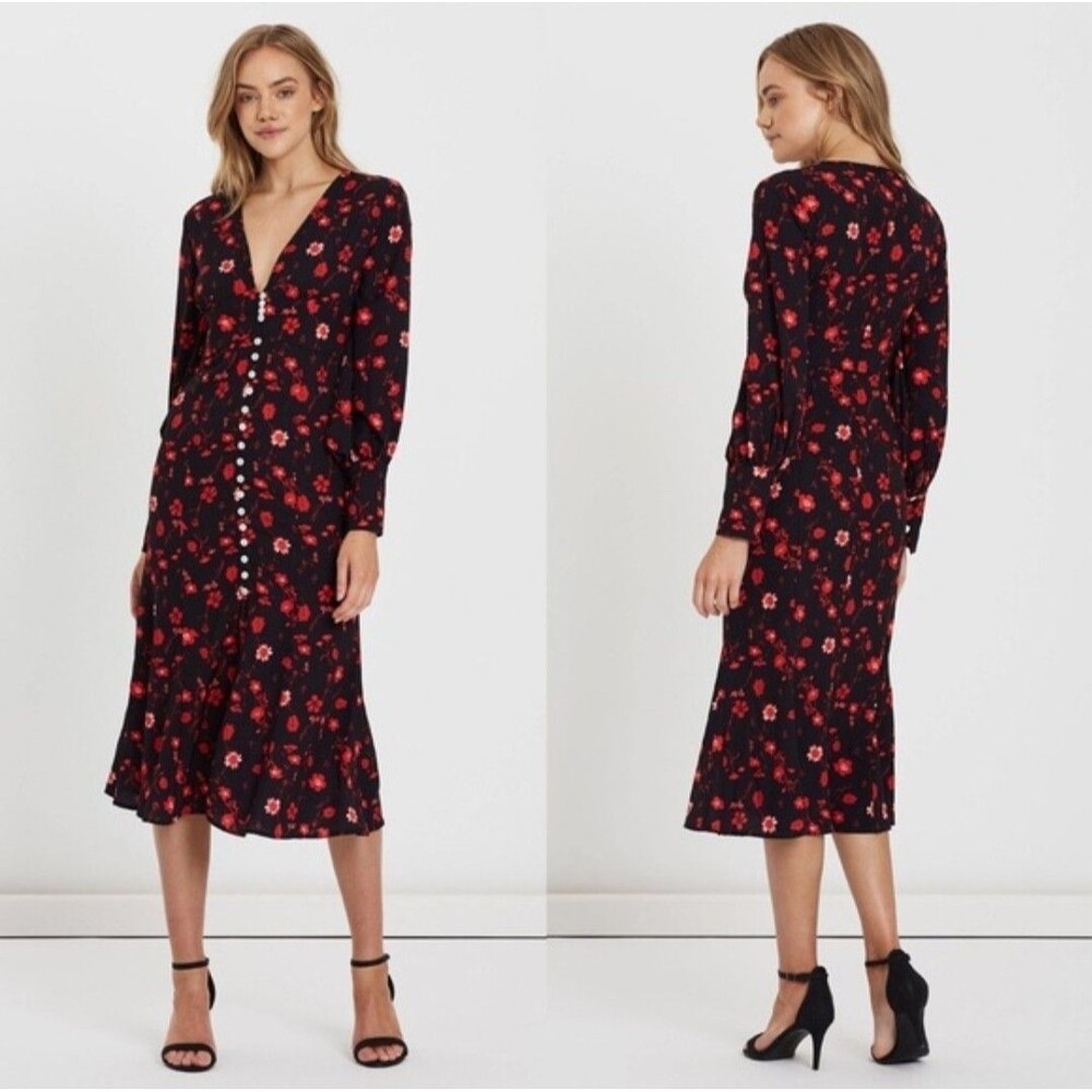 New CHARLIE HOLIDAY (4) Black with Red Floral Print Long Sleeve Midi Dress